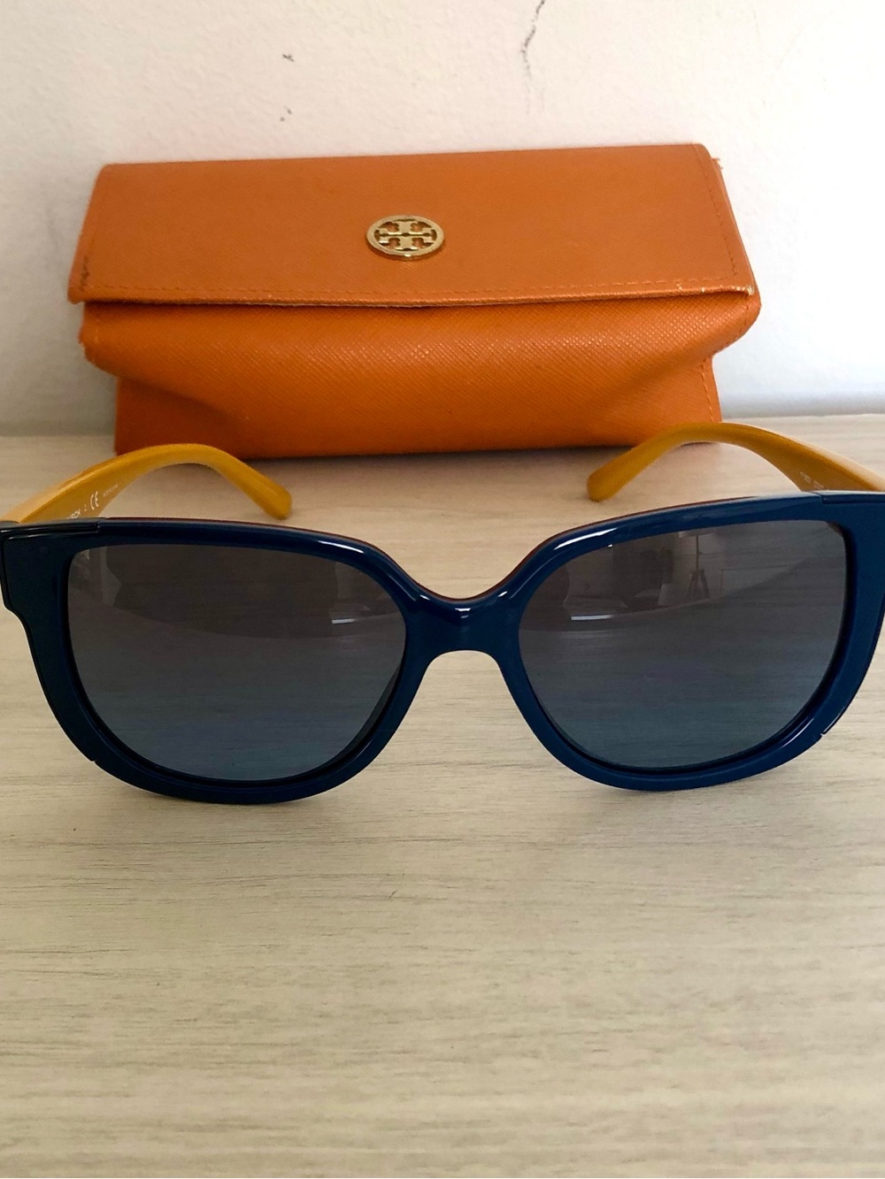 Tory Burch TY9023 Navy Blue Yellow Square Sunglasses w/ Orange Case
